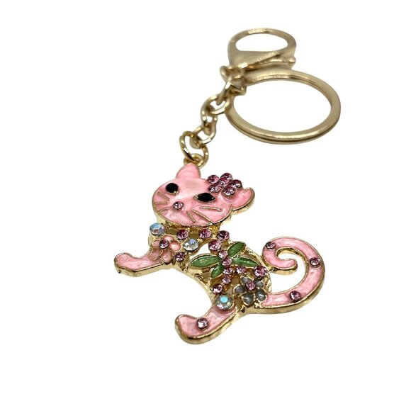 3/$30 CAT KEYCHAIN GOLD TONE ENAMEL RHINESTONE PINK BAG CHARM BOUTIQUE NWT GIFT - Picture 11 of 12